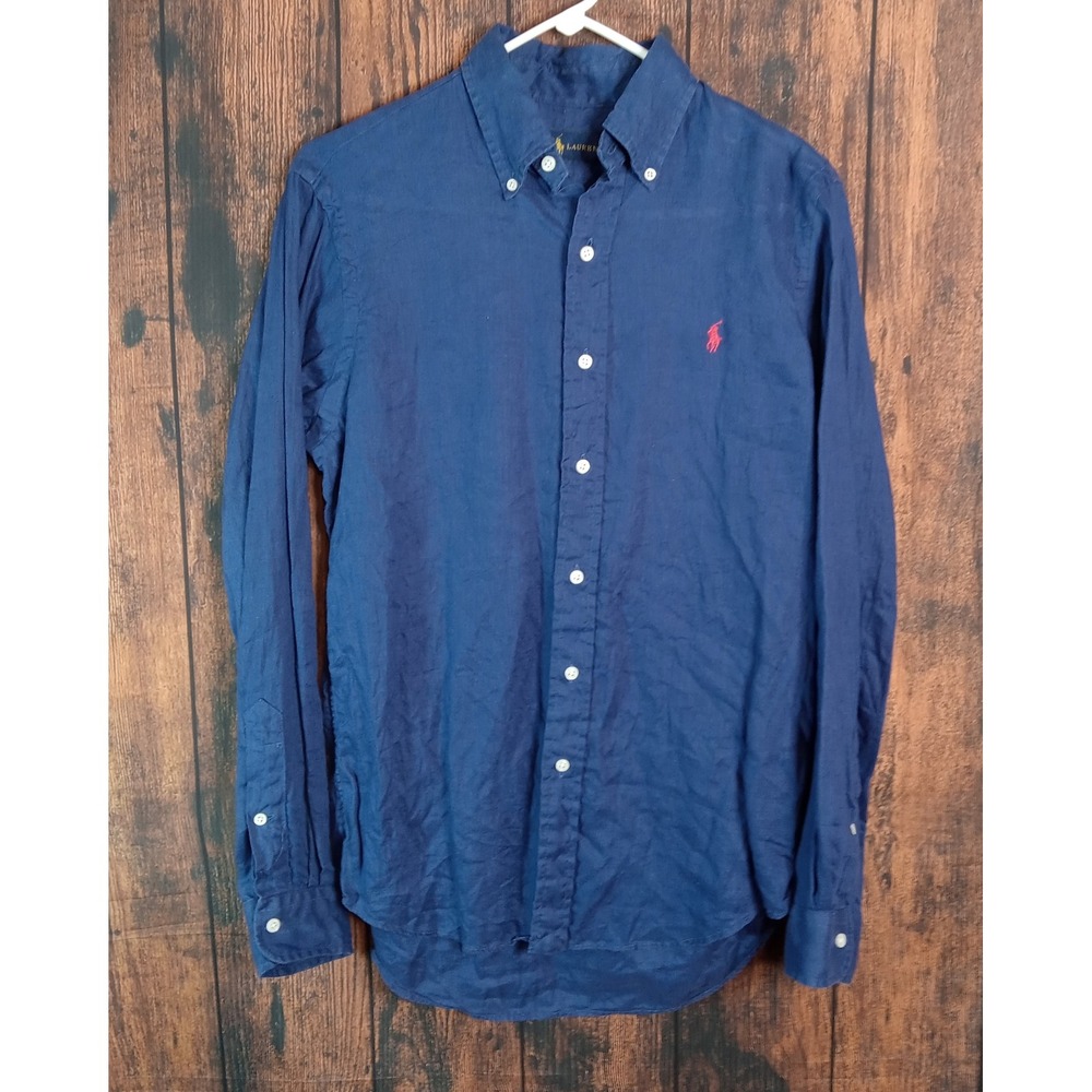 Polo Ralph Lauren Mens Navy Blue 100% Linen Button Down Shirt Small Red Pony